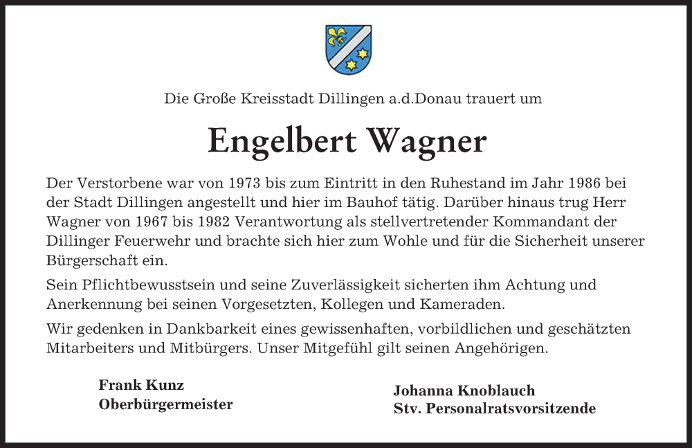 Traueranzeige von Engelbert Wagner von Donau Zeitung