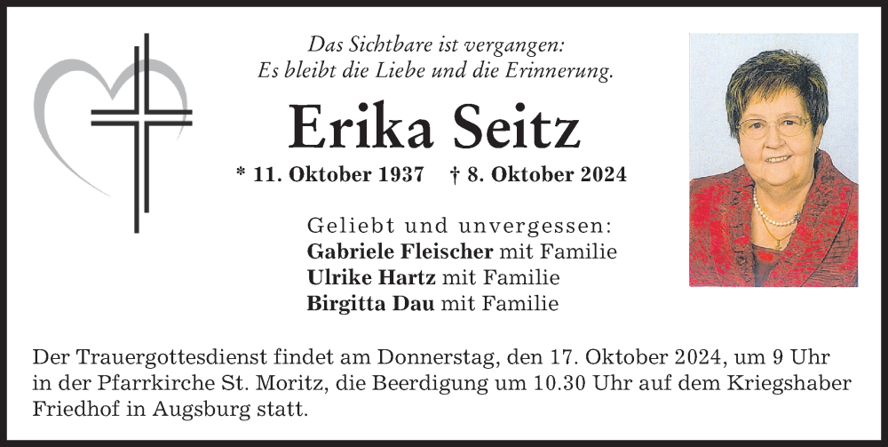  Traueranzeige für Erika Seitz vom 12.10.2024 aus Augsburger Allgemeine