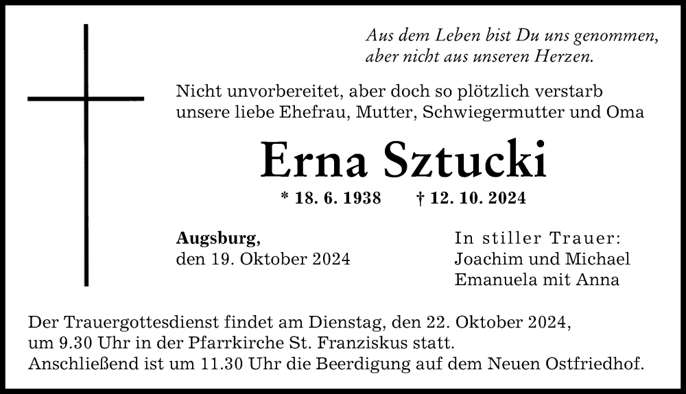 Traueranzeige von Erna Sztucki von Augsburger Allgemeine