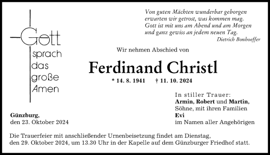 Traueranzeige von Ferdinand Christl von Günzburger Zeitung