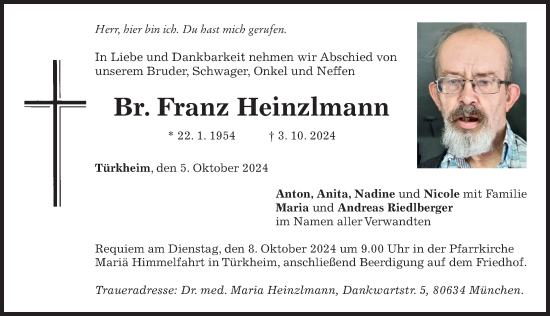 Traueranzeige von Franz Heinzlmann von Mindelheimer Zeitung