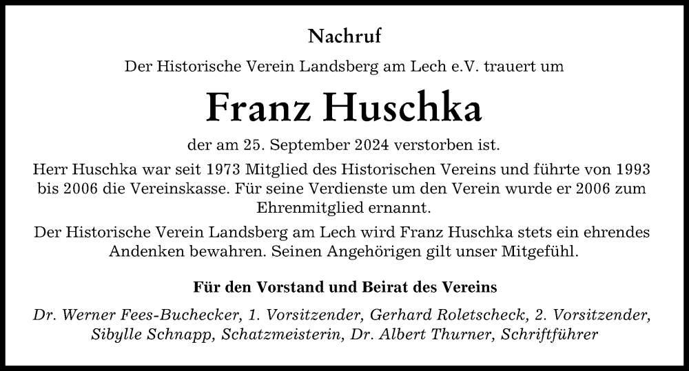 Traueranzeige von Franz Huschka von Landsberger Tagblatt