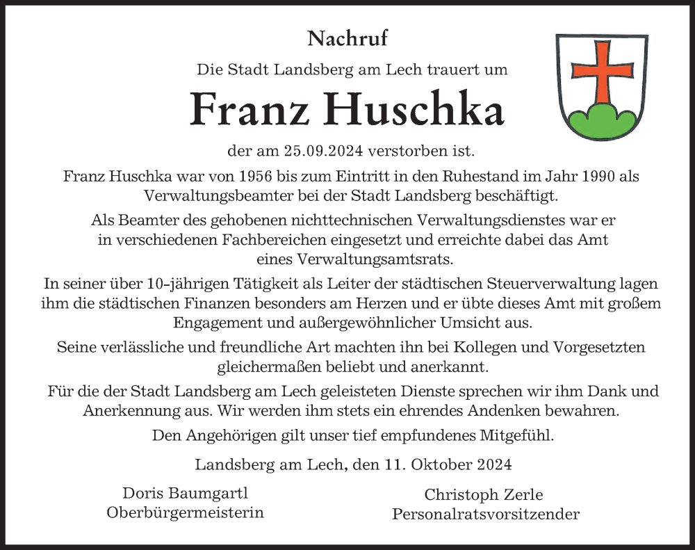 Traueranzeige von Franz Huschka von Landsberger Tagblatt