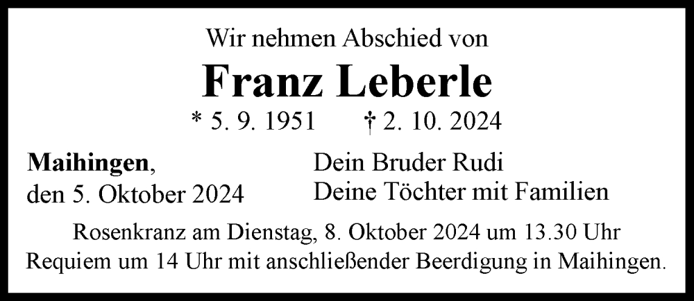 Traueranzeige von Franz Leberle von Rieser Nachrichten