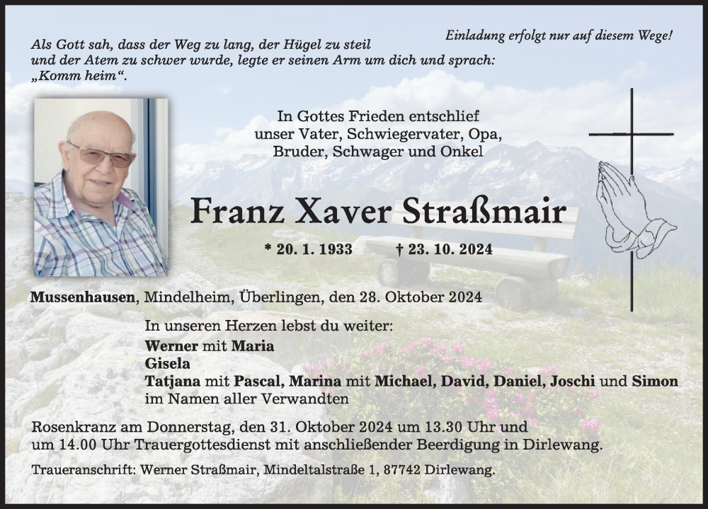 Traueranzeige von Franz Xaver Straßmair von Mindelheimer Zeitung