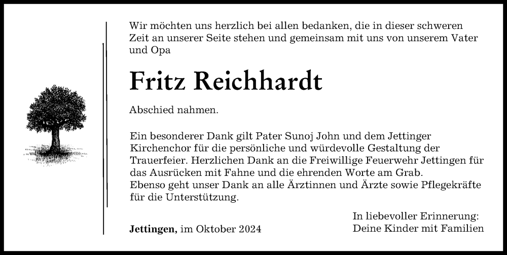 Traueranzeige von Fritz Reichhardt von Günzburger Zeitung