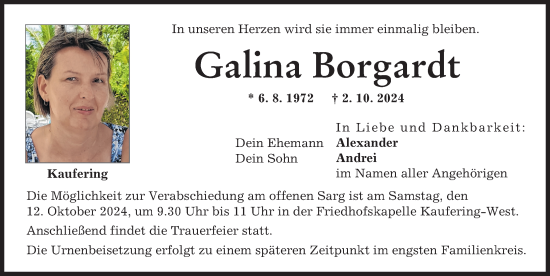 Traueranzeige von Galina Borgardt von Landsberger Tagblatt