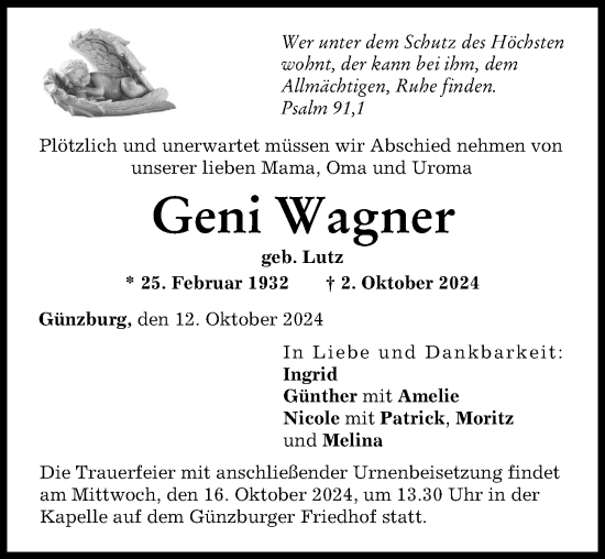 Traueranzeige von Geni Wagner von Günzburger Zeitung