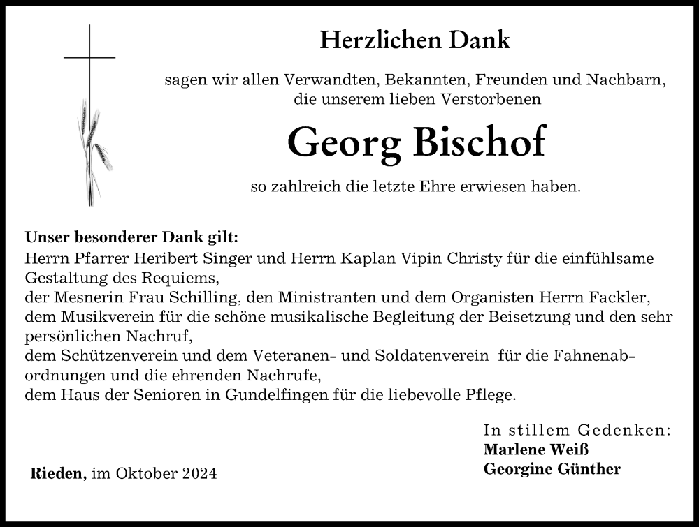 Traueranzeige von Georg Bischof von Günzburger Zeitung