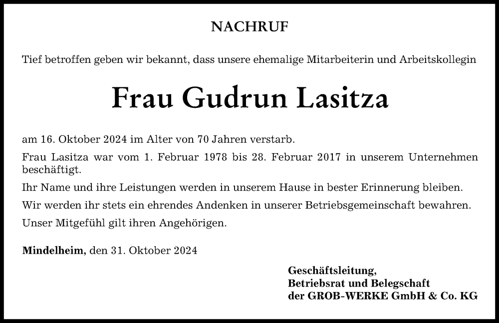 Traueranzeige von Gudrun Lasitza von Mindelheimer Zeitung