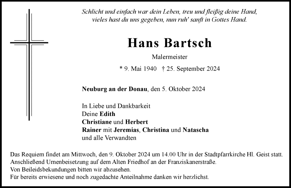 Traueranzeige von Hans Bartsch von Neuburger Rundschau