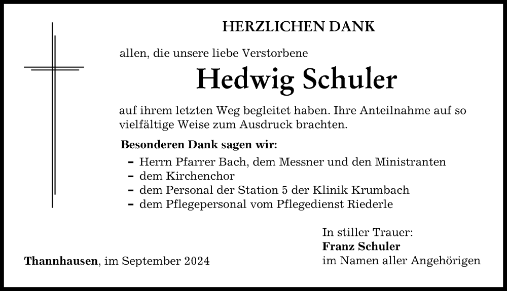 Traueranzeige von Hedwig Schuler von Mittelschwäbische Nachrichten