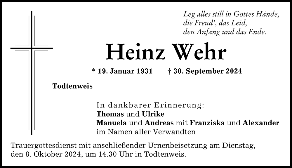 Traueranzeige von Heinz Wehr von Augsburger Allgemeine, Aichacher Nachrichten