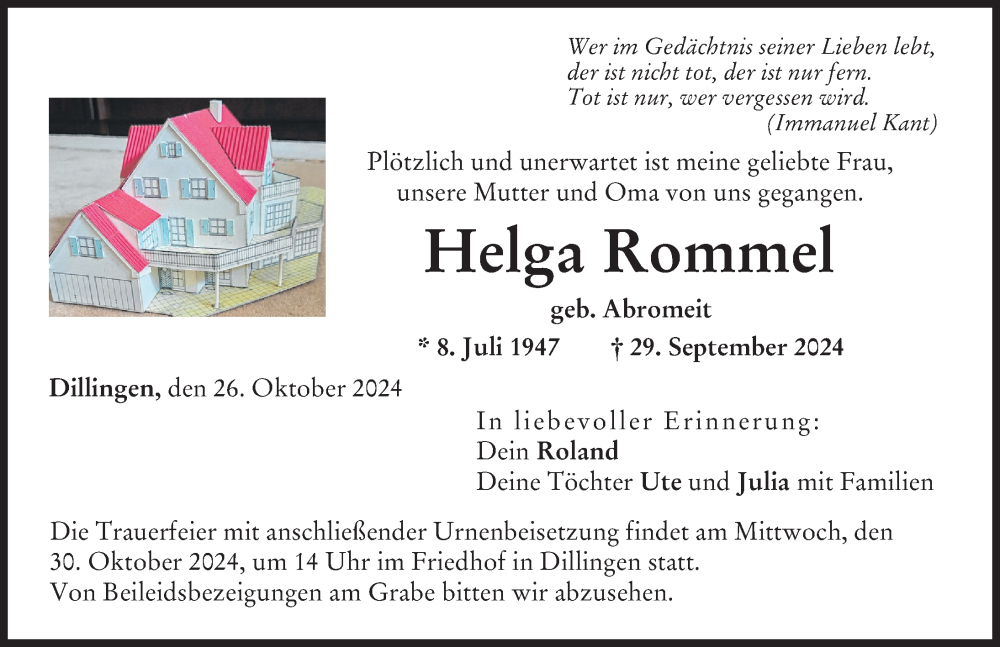  Traueranzeige für Helga Rommel vom 26.10.2024 aus Donau Zeitung