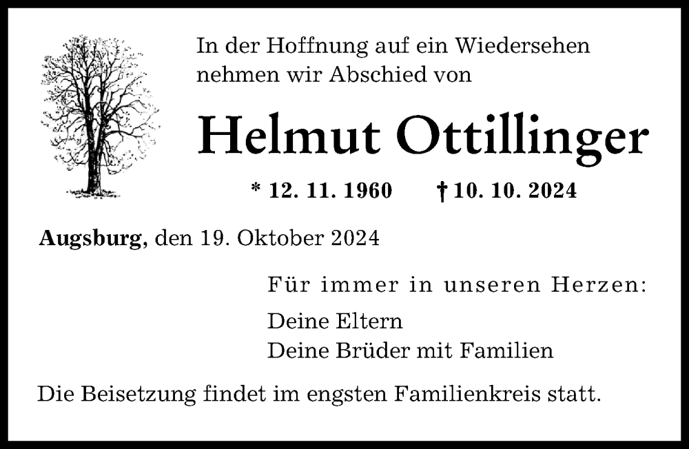 Traueranzeige von Helmut Ottillinger von Augsburger Allgemeine