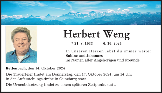 Traueranzeige von Herbert Weng von Günzburger Zeitung