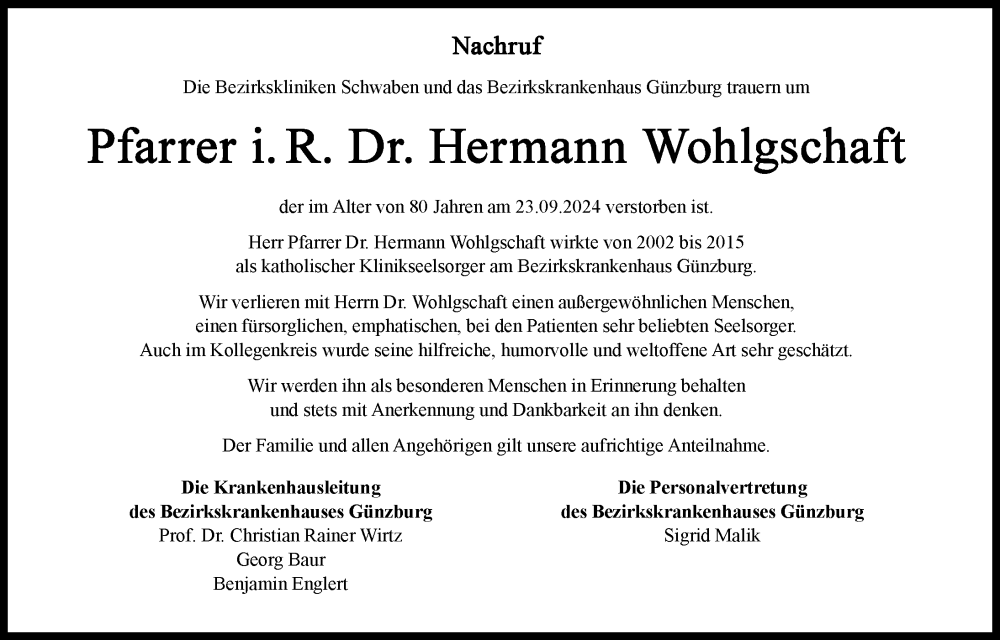 Traueranzeige von Hermann Wohlgschaft von Günzburger Zeitung