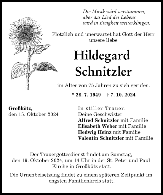 Traueranzeige von Hildegard Schnitzler von Günzburger Zeitung