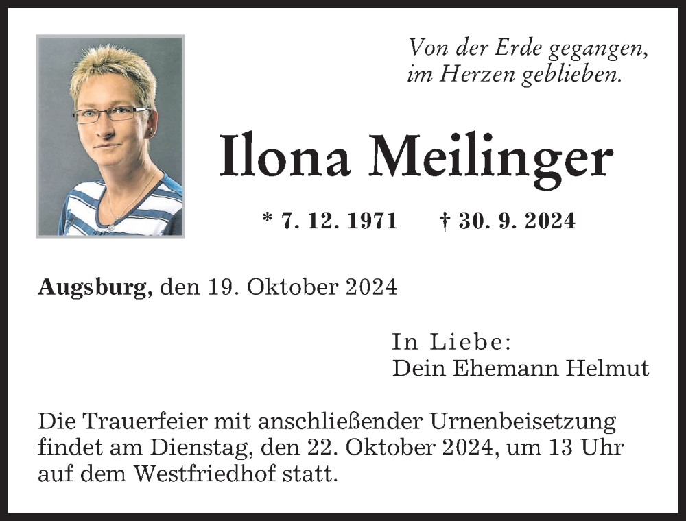 Traueranzeige von Ilona Meilinger von Augsburger Allgemeine