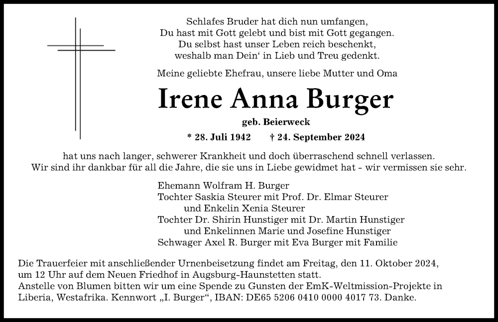 Traueranzeige von Irene Anna Burger von Augsburger Allgemeine