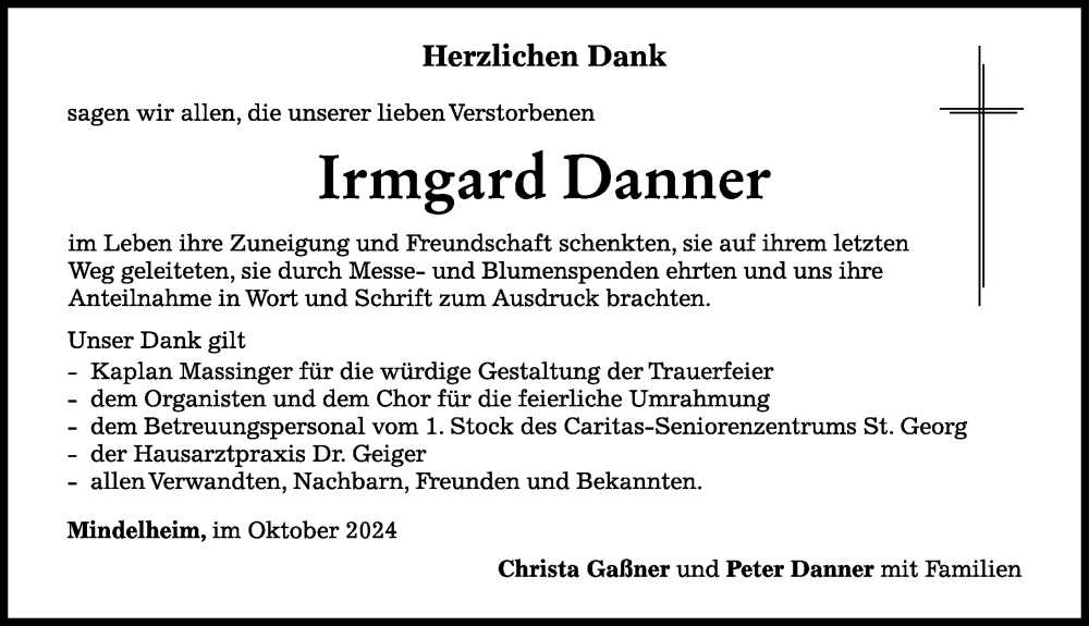 Traueranzeige von Irmgard Danner von Mindelheimer Zeitung