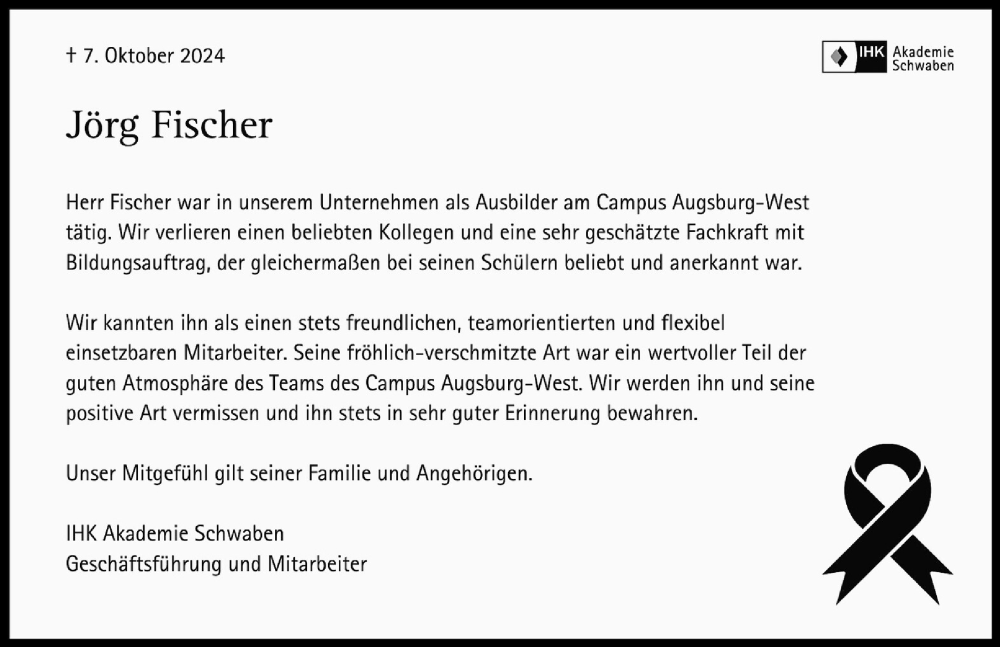  Traueranzeige für Jörg Fischer vom 17.10.2024 aus Landsberger Tagblatt