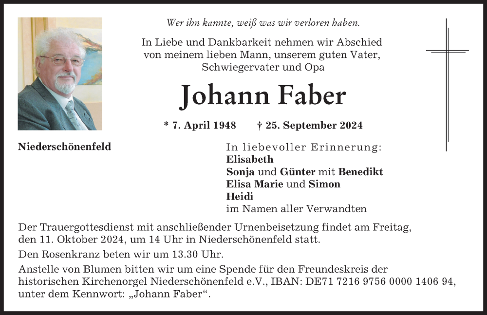 Traueranzeige von Johann Faber von Donauwörther Zeitung