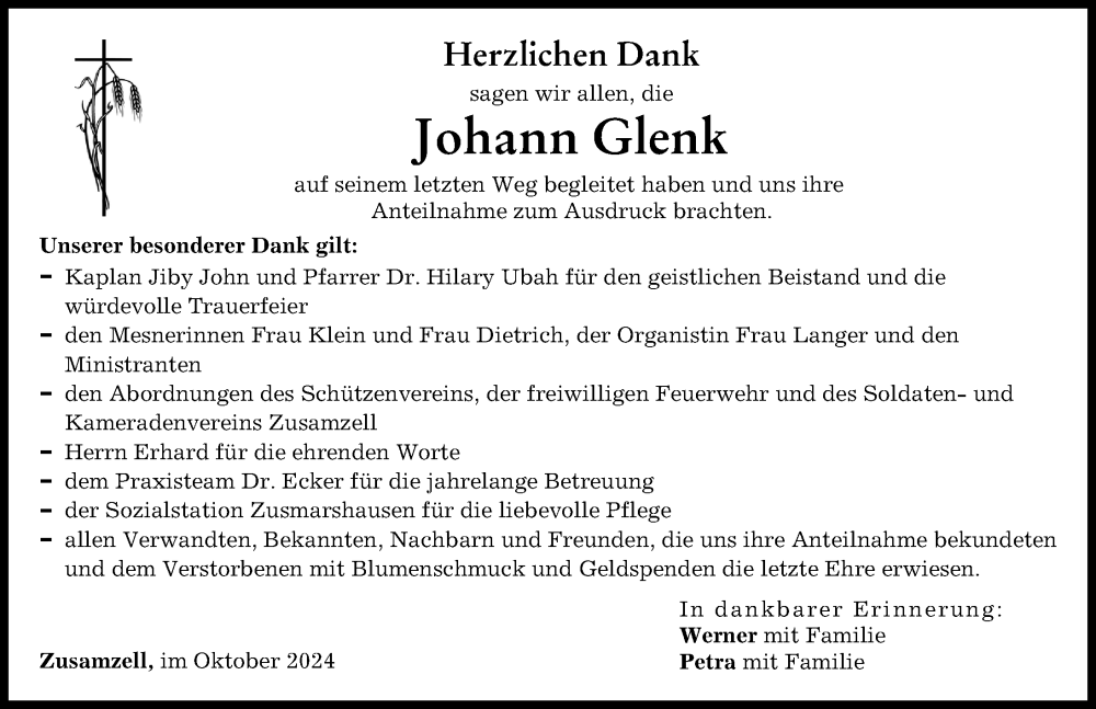 Traueranzeige von Johann Glenk von Wertinger Zeitung, Augsburg-Land