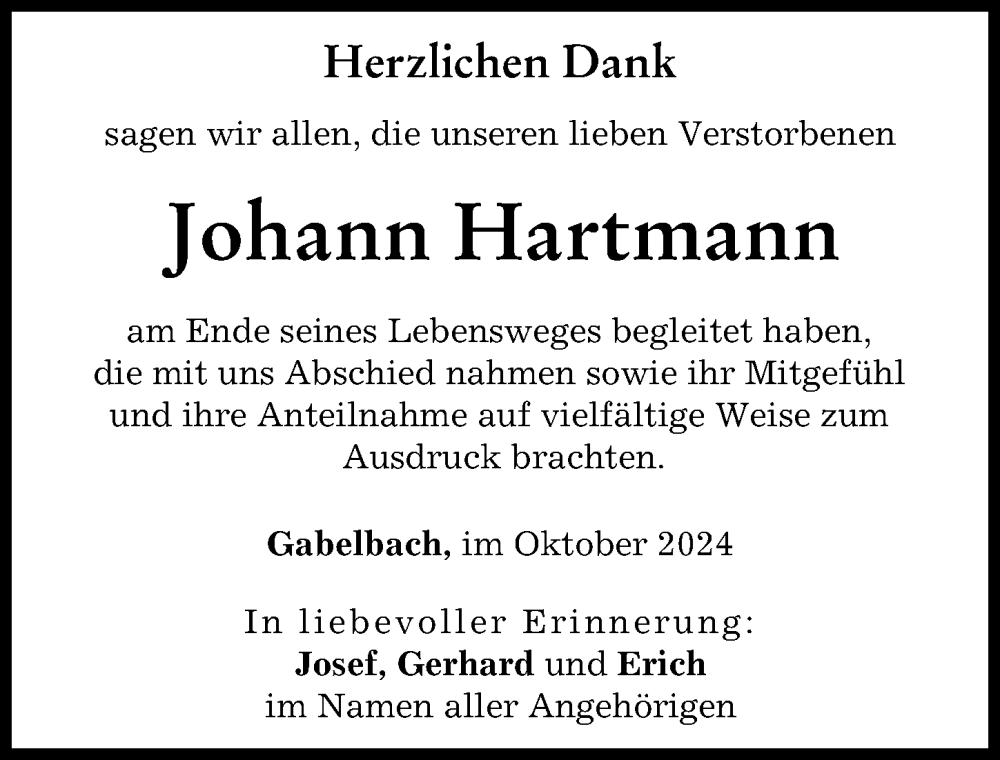 Traueranzeige von Johann Hartmann von Augsburg-Land