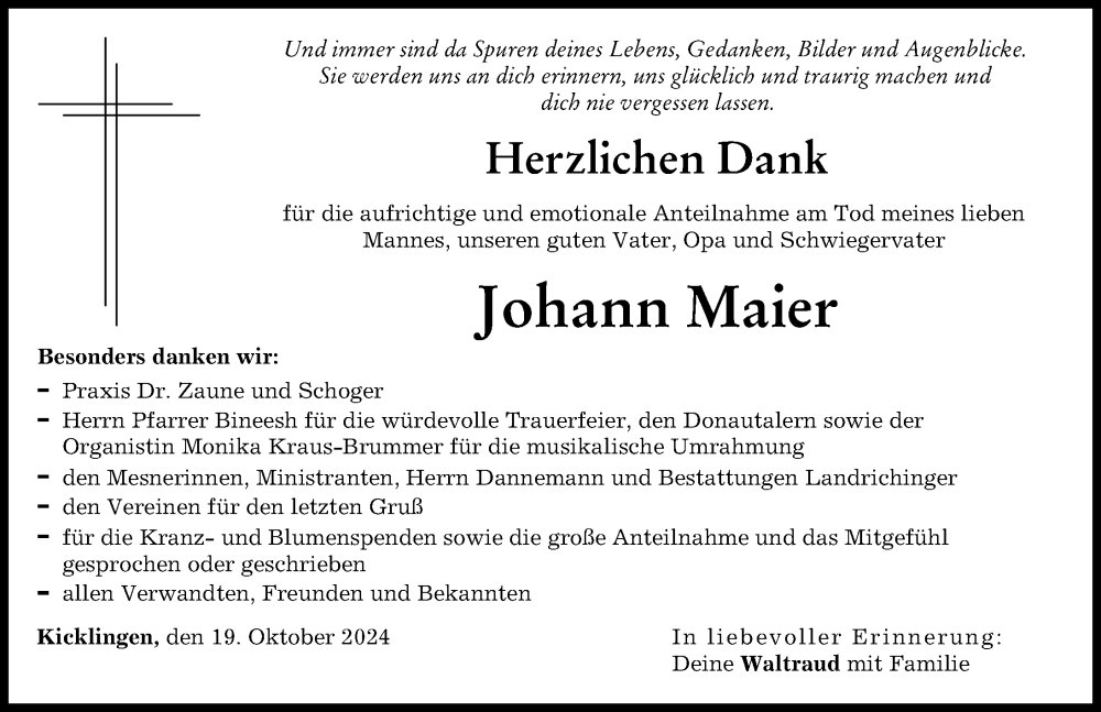 Traueranzeige von Johann Maier von Donau Zeitung