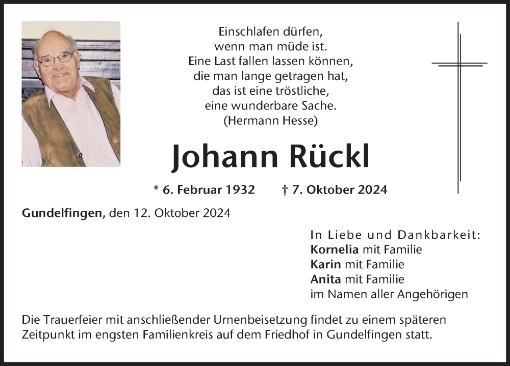 Traueranzeige von Johann Rückl von Donau Zeitung