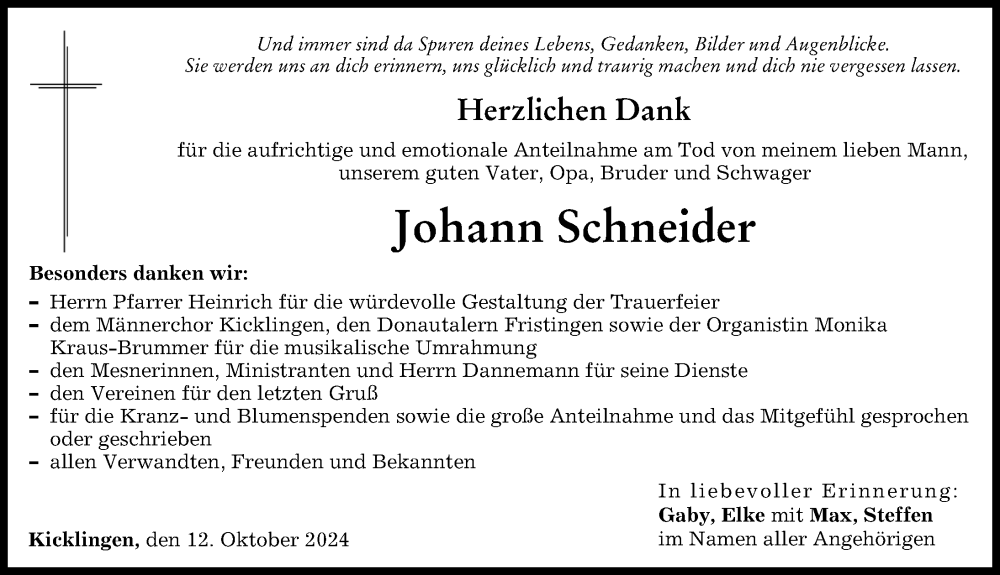 Traueranzeige von Johann Schneider von Donau Zeitung