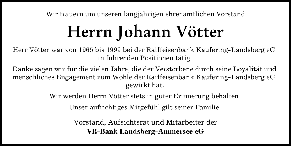 Traueranzeige von Johann Vötter von Landsberger Tagblatt