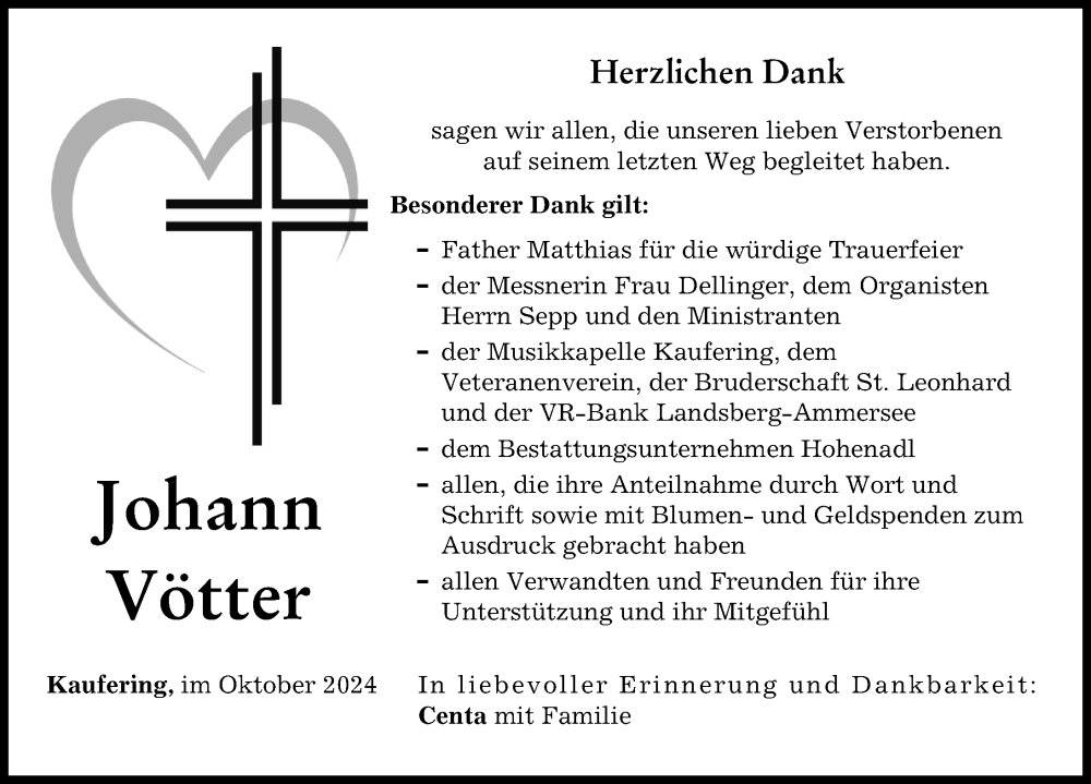 Traueranzeige von Johann Vötter von Landsberger Tagblatt