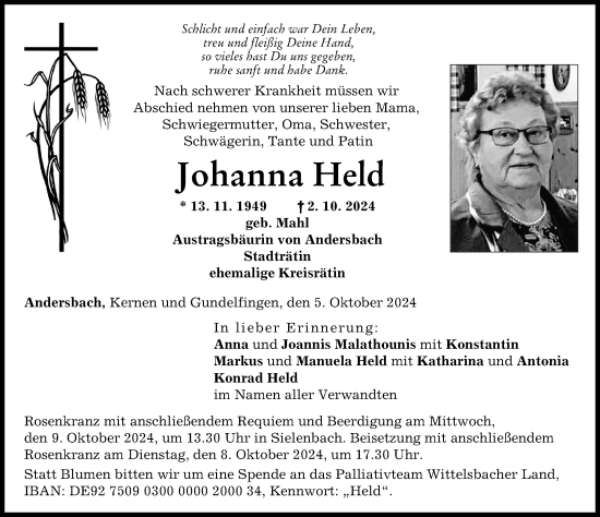 Traueranzeige von Johanna Held von Aichacher Nachrichten