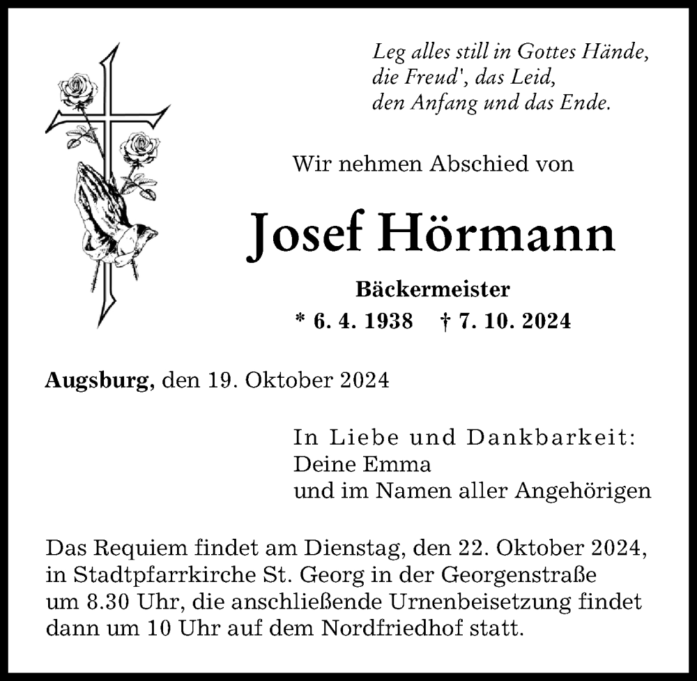 Traueranzeige von Josef Hörmann von Augsburger Allgemeine