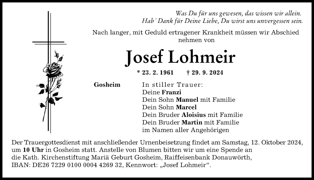 Traueranzeige von Josef Lohmeir von Rieser Nachrichten, Donauwörther Zeitung