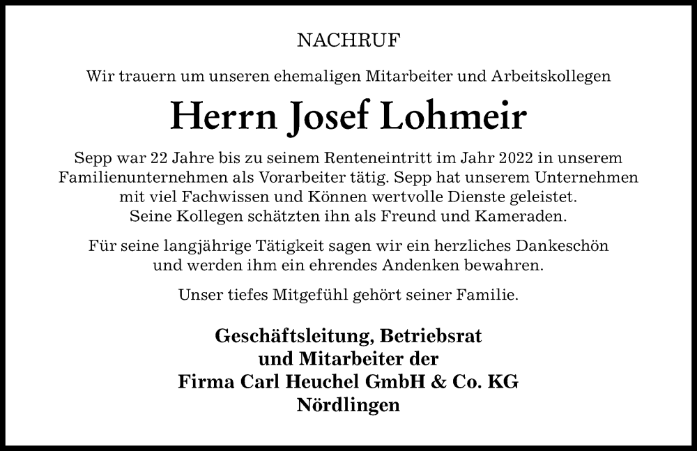 Traueranzeige von Josef Lohmeir von Donauwörther Zeitung, Rieser Nachrichten