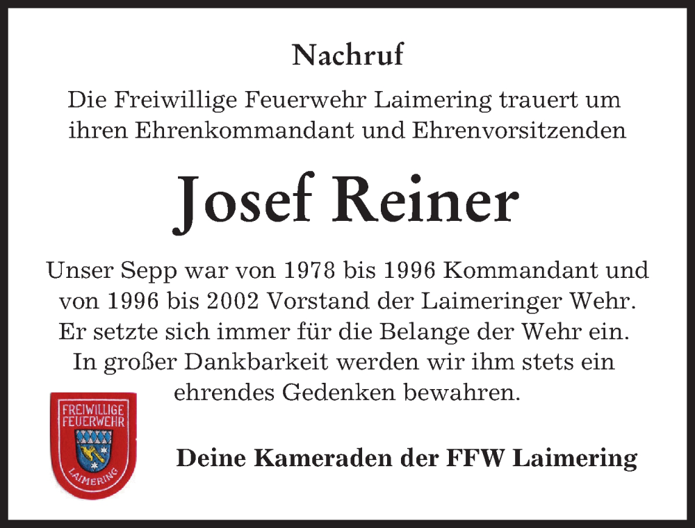 Traueranzeige von Josef Reiner von Friedberger Allgemeine