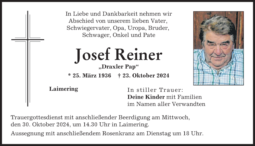 Traueranzeige von Josef Reiner von Aichacher Nachrichten