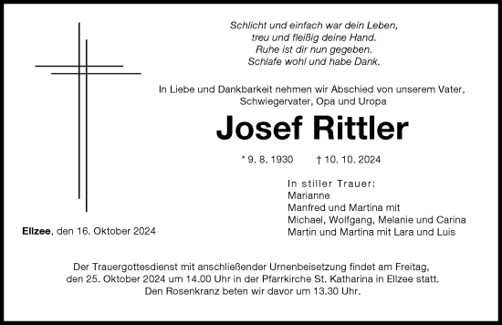 Traueranzeige von Josef Rittler von Mittelschwäbische Nachrichten