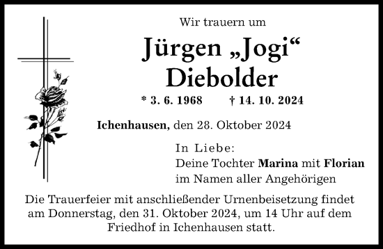 Traueranzeige von Jürgen Diebolder von Günzburger Zeitung