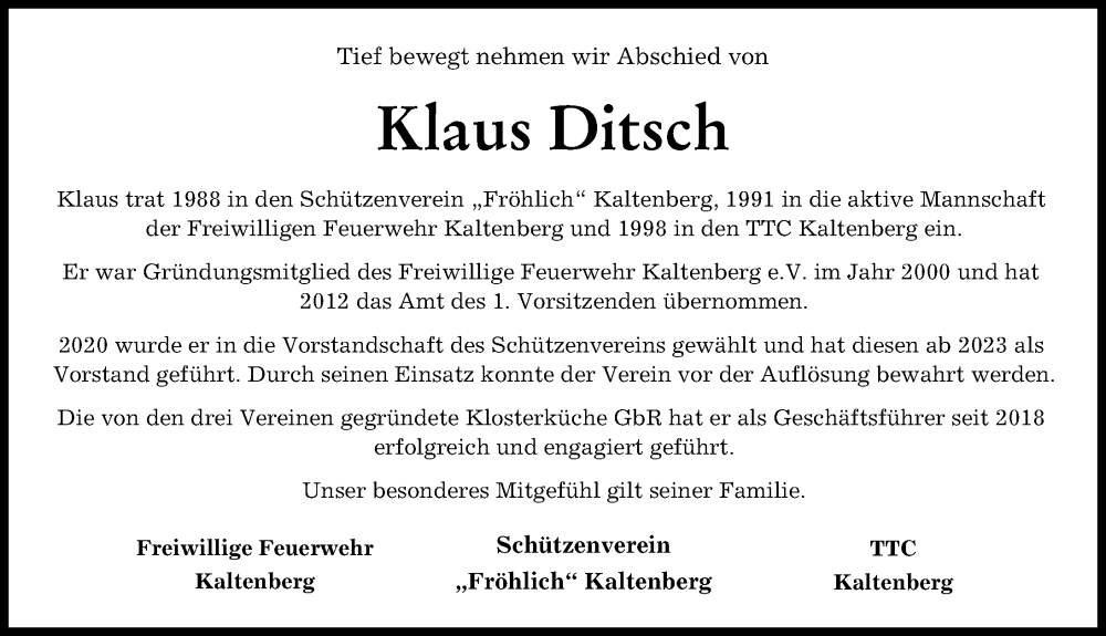 Traueranzeige von Klaus Ditsch von Landsberger Tagblatt