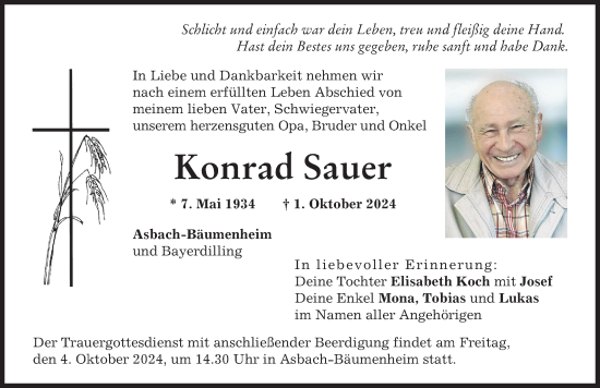 Traueranzeige von Konrad Sauer von Donauwörther Zeitung