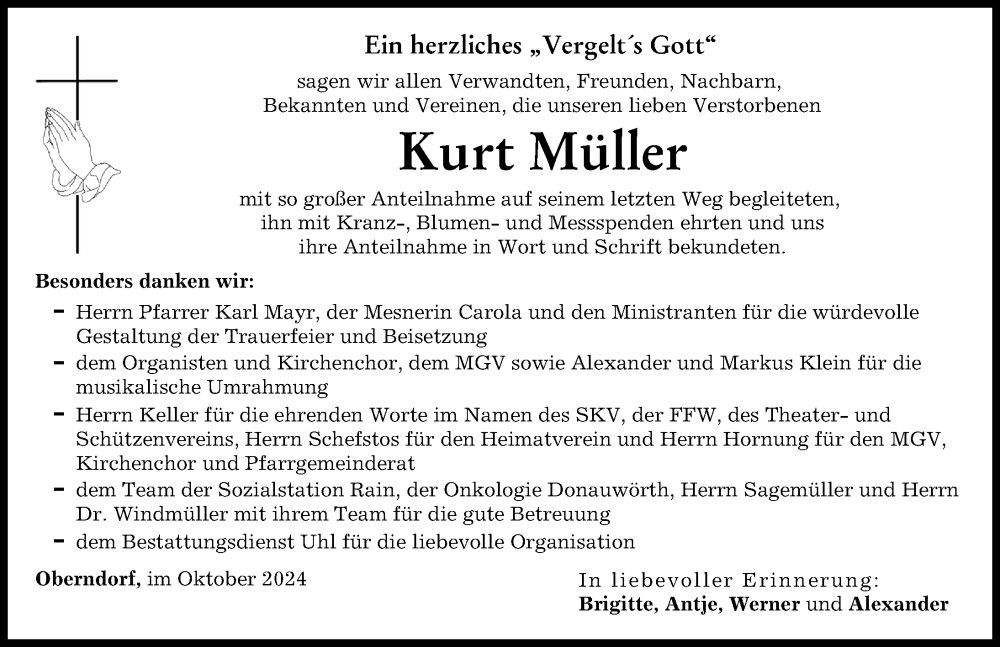 Traueranzeige von Kurt Müller von Donauwörther Zeitung