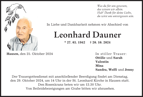 Traueranzeige von Leonhard Dauner von Mittelschwäbische Nachrichten, Günzburger Zeitung