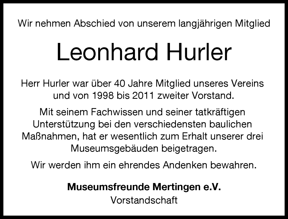 Traueranzeige von Leonhard Hurler von Donauwörther Zeitung