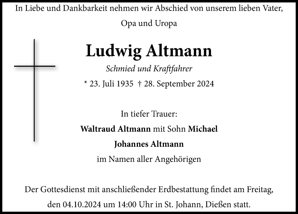 Traueranzeige von Ludwig Altmann von Ammersee Kurier