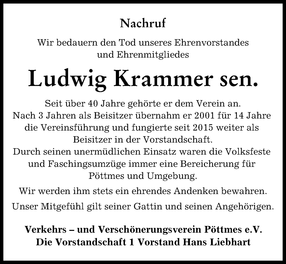 Traueranzeige von Ludwig Krammer von Aichacher Nachrichten