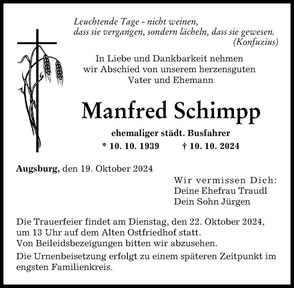 Traueranzeige von Manfred Schimpp von Augsburger Allgemeine